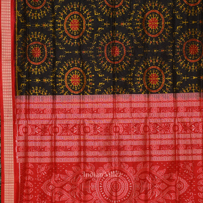 Deep Black Red Tribal Theme Sambalpuri Silk saree