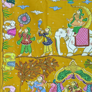 Yellow Doli Barat Theme Hand-Painted Pattachitra Saree