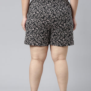 Women Printed Black Mid Rise Woven Viscose Lounge Short