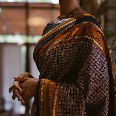 Brown Handloom Silk Cotton Saree With Annam Chakaram Motifs