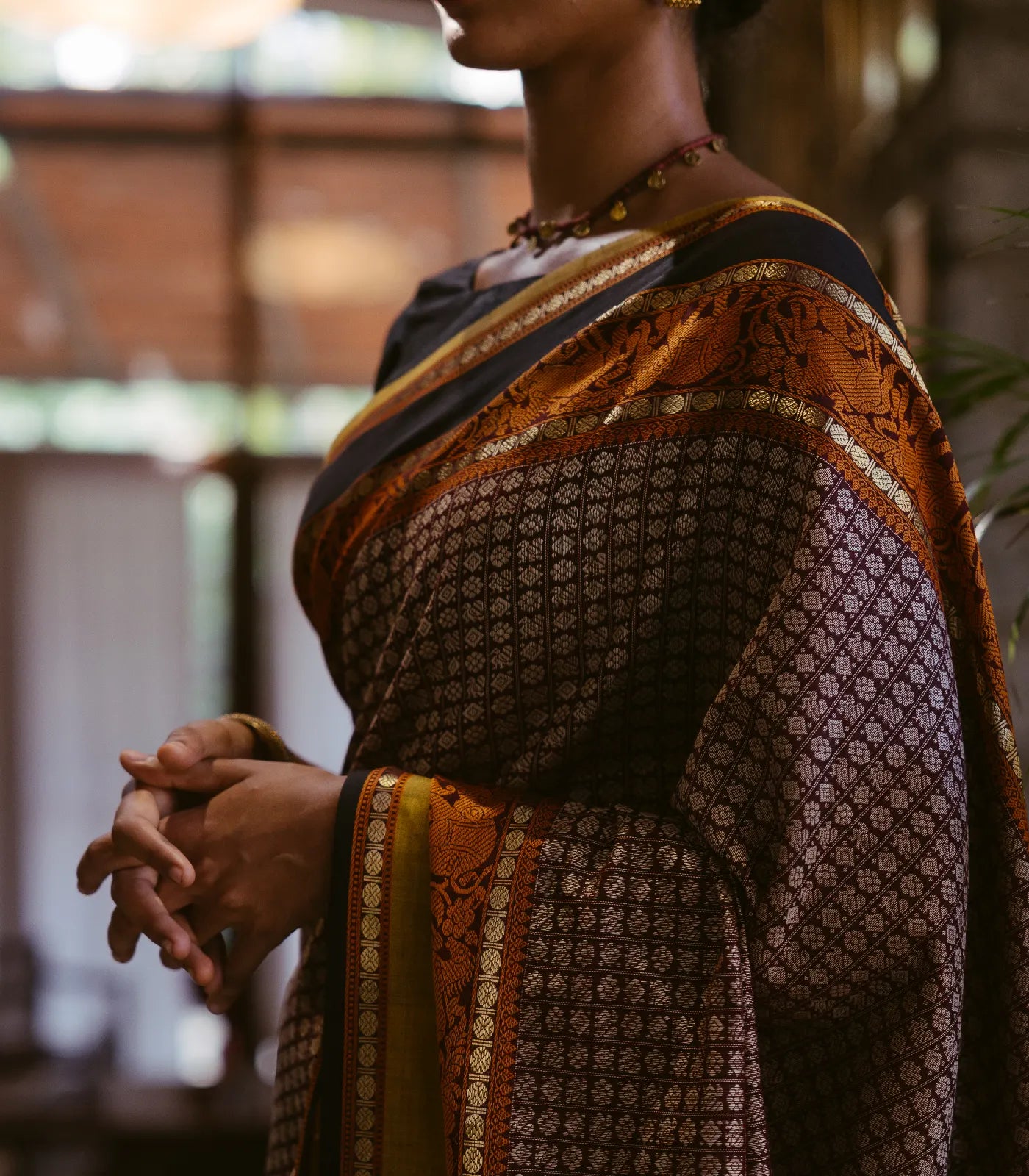 Brown Handloom Silk Cotton Saree With Annam Chakaram Motifs
