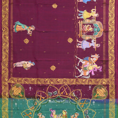 Magenta Pink Green Ram Sita Vivah Theme Pattachitra Saree