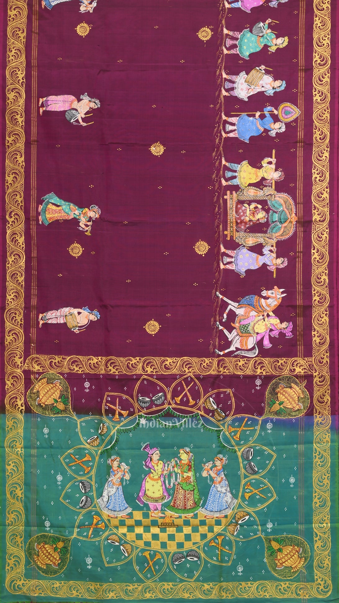 Magenta Pink Green Ram Sita Vivah Theme Pattachitra Saree