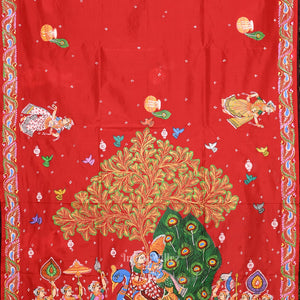 Red with Coffee Rasaleela Theme Hand-Painted Pattachitra Saree