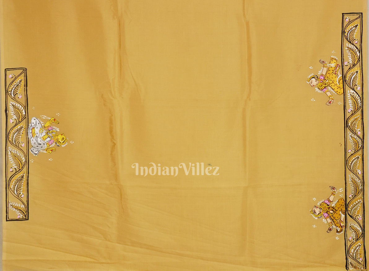 Honey Gold Krishna Rasleela Hand-Painted Pattachitra Saree
