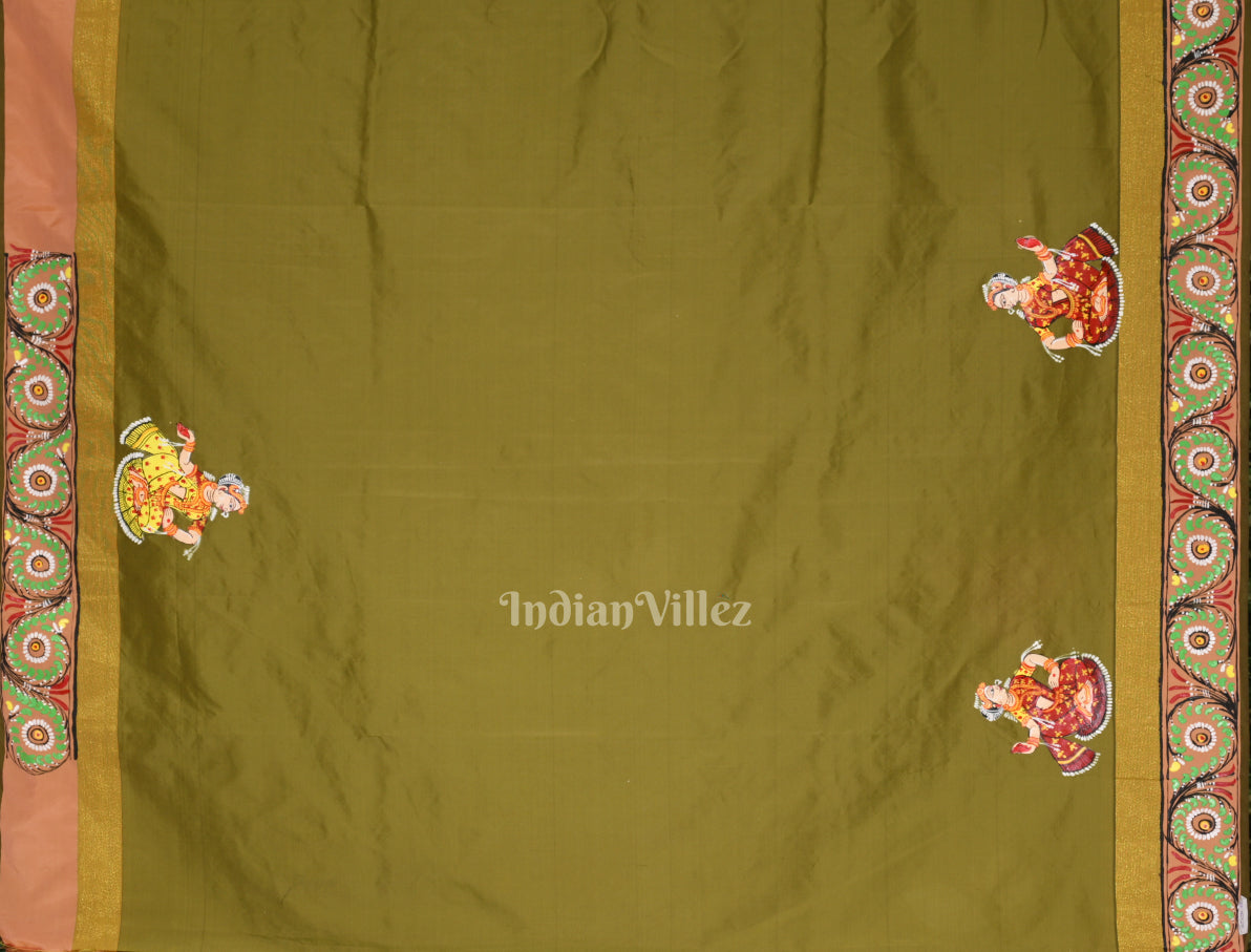 Mehendi Green Krishna Hand-Painted Pattachitra Saree