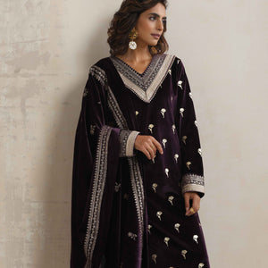 trueBrowns Wine Velvet Floral Embroidered Kurta Pant Dupatta Set