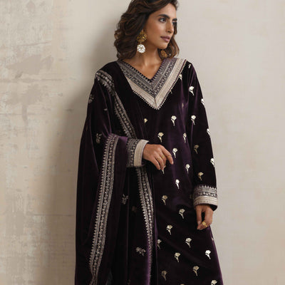 trueBrowns Wine Velvet Floral Embroidered Kurta Pant Dupatta Set