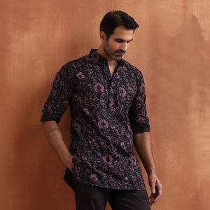 trueBrowns Men's Black Floral Printed Short Kurta