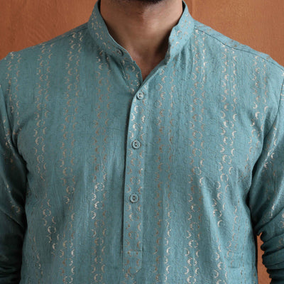trueBrowns Men's Green Textured Cotton Dobby Kurta