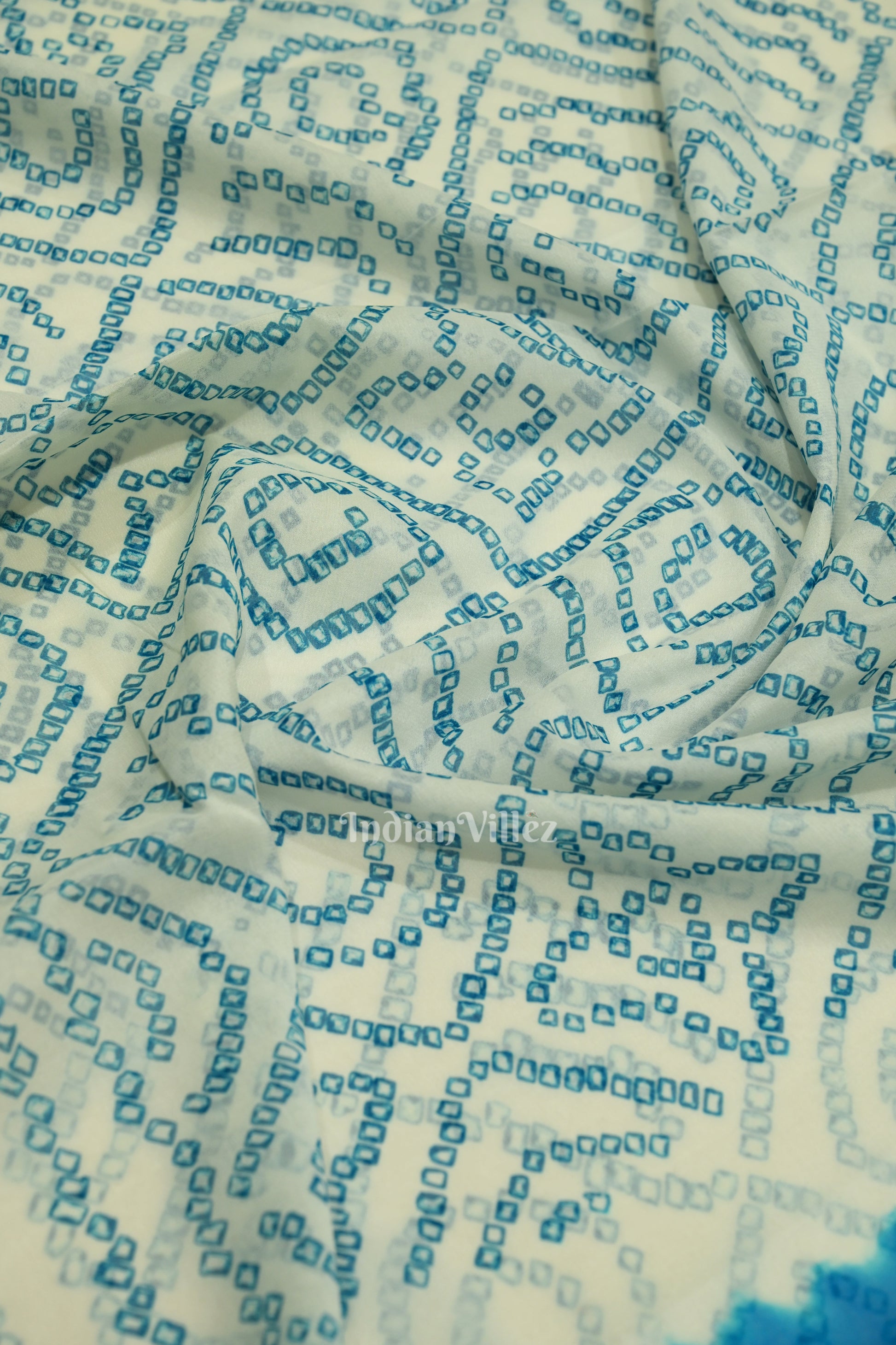 White Blue Pure Khaddi Georgette Bandhani Banarasi Saree