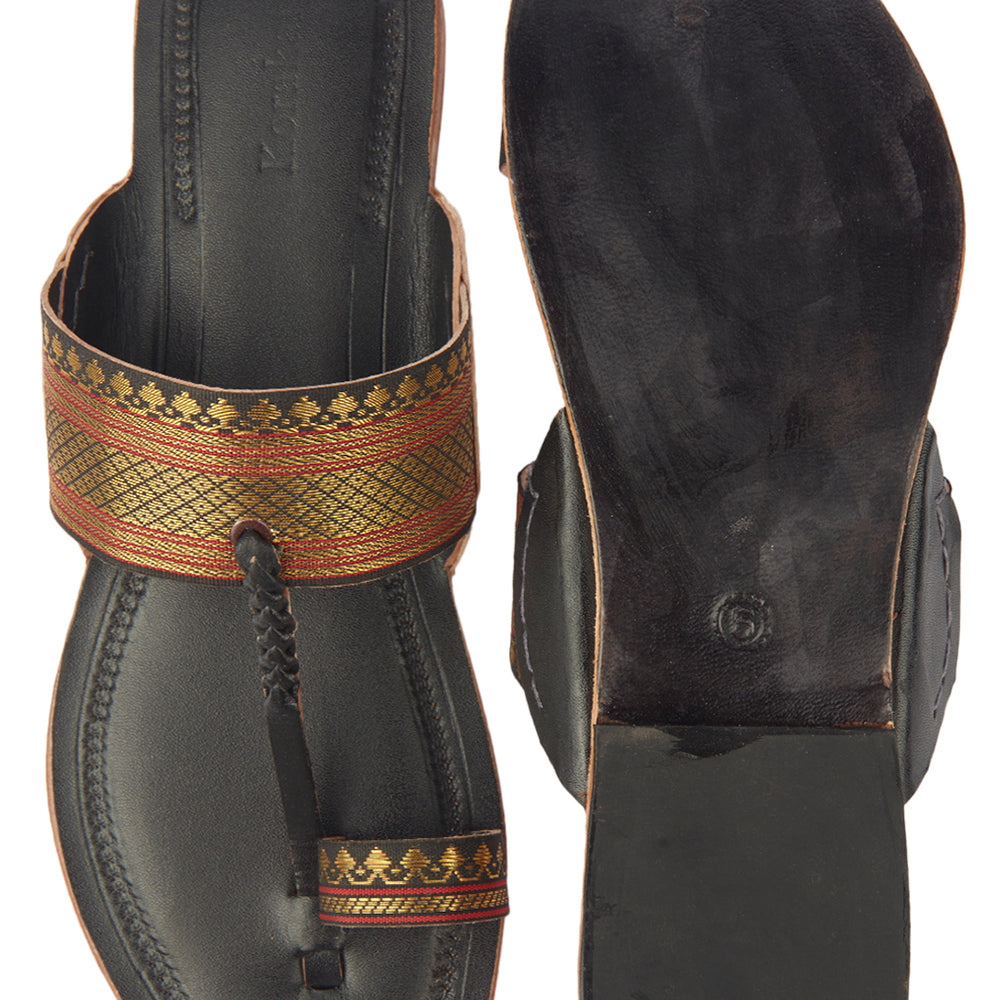 Black Handstitched Leather Kolhapuri Women Slipper