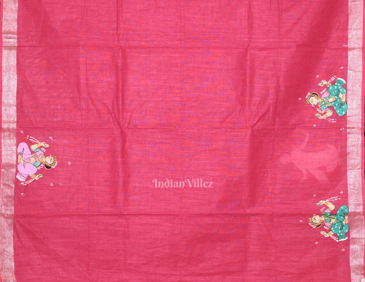Rani Pink Raja Doli Theme Hand- Painted Pattachitra Saree