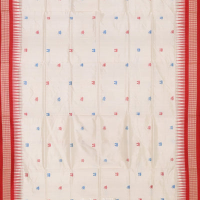White Red Laxmi Pada Jhoti Design Bomkai  Sambalpuri Silk Saree