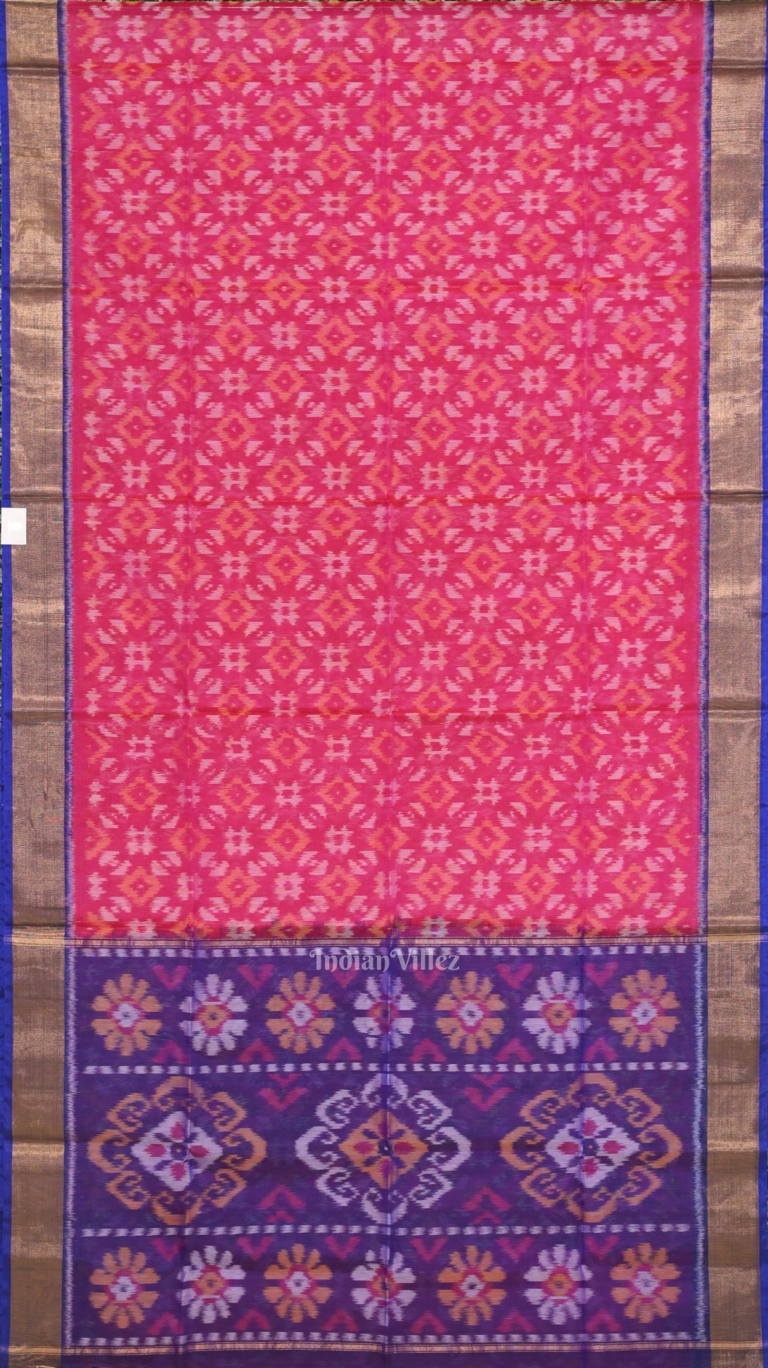 Rani Pink with Blue Pochampally Ikat Sico (Silk & Cotton) Saree with Zari Border
