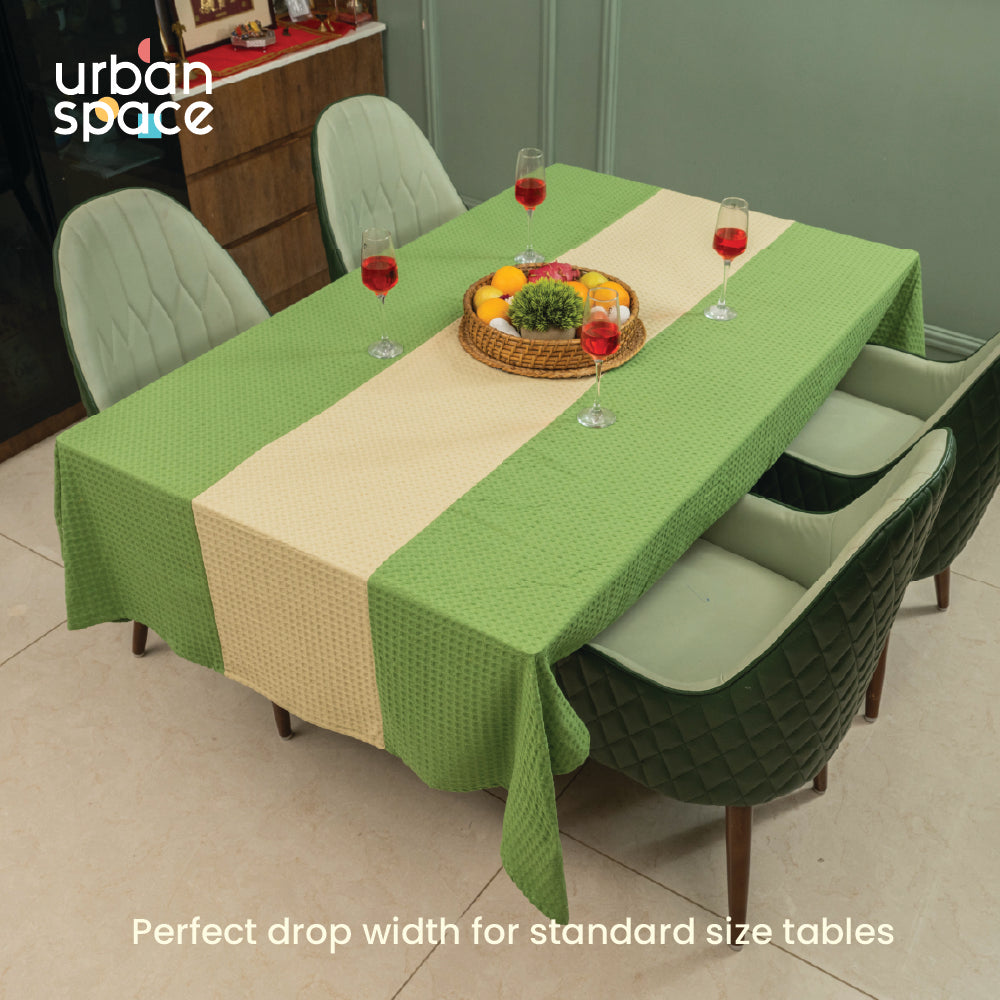 100% Cotton Waffle Weave Dining Table Cover, Table Cloth with Panelled design - Sage Green & Beige