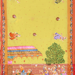 Lemon Yellow Red Radha Krishna Raasleela Hand-Painted Pattachitra Saree