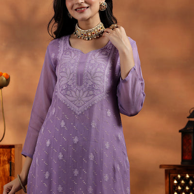 Lavender Embroidered Organza Straight Suit With Dupatta