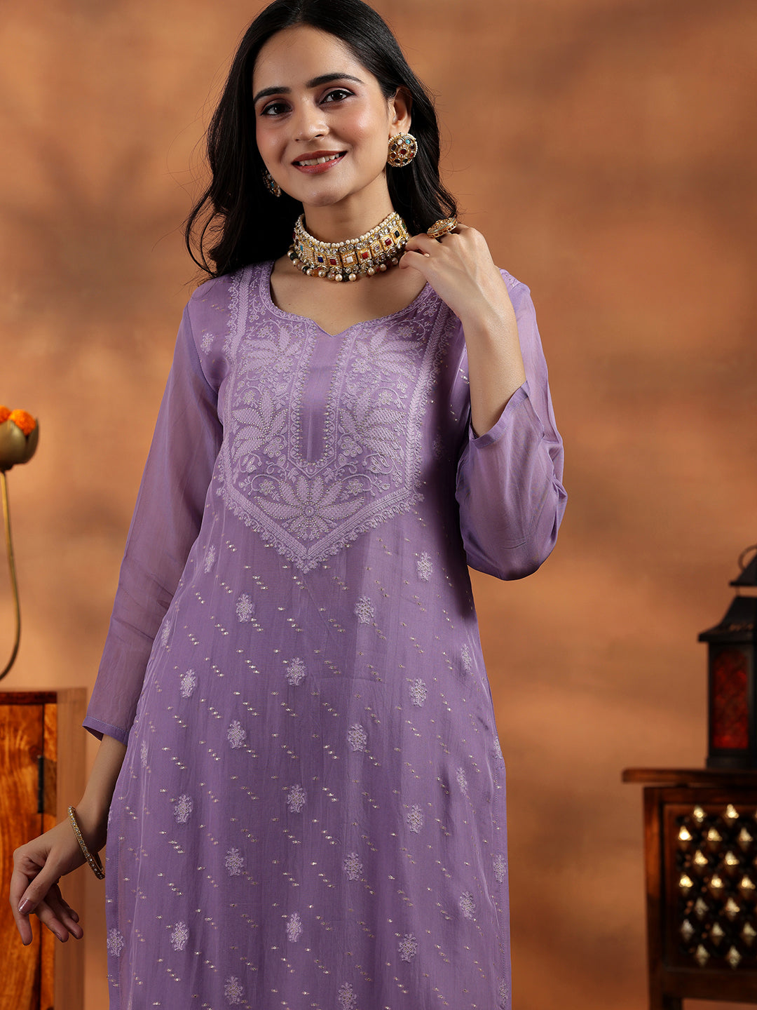 Lavender Embroidered Organza Straight Suit With Dupatta