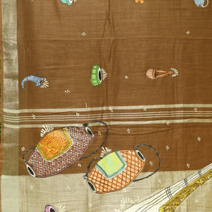 Caramel Musical Theme Hand-Painted Pattachitra Saree