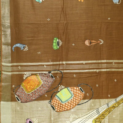 Caramel Musical Theme Hand-Painted Pattachitra Saree