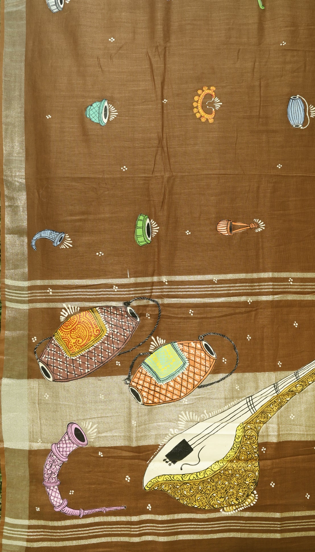Caramel Musical Theme Hand-Painted Pattachitra Saree