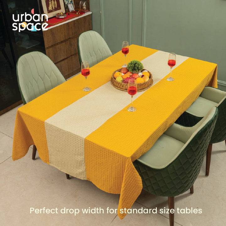 100% Cotton Waffle Weave Dining Table Cover, Table Cloth with Panelled design - Mustard & Beige