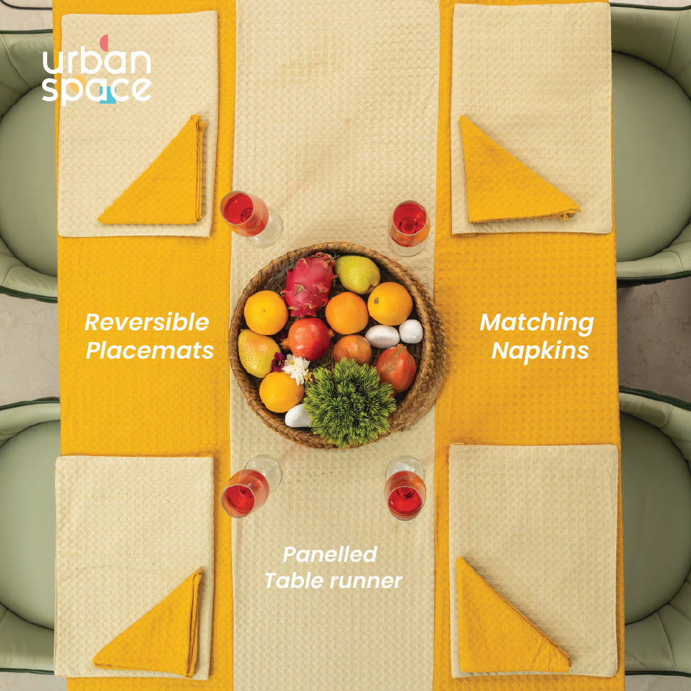 100% Cotton Waffle weave dining table cover Combo - 1 Table Cloth, 4 reversible Placemats and 4 matching solid-colored Napkins - Mustard & Beige