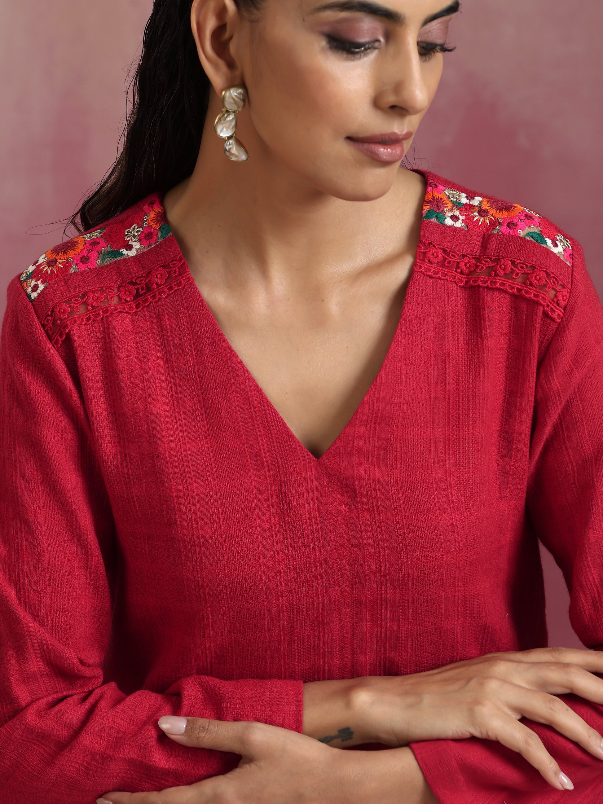trueBrowns Red Cotton Dobby Co-ord set