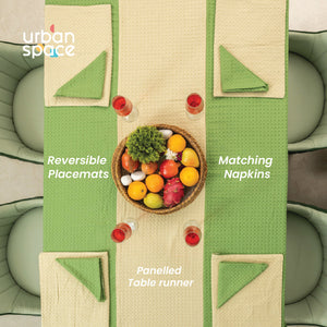 100% Cotton Waffle weave dining table cover Combo - 1 Table Cloth, 4 reversible Placemats and 4 matching solid-colored Napkins - Sage Green & Beige