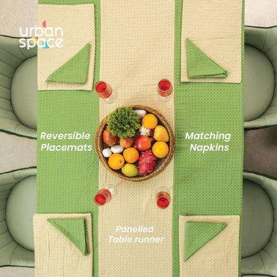 100% Cotton Waffle weave dining table cover Combo - 1 Table Cloth, 4 reversible Placemats and 4 matching solid-colored Napkins - Sage Green & Beige