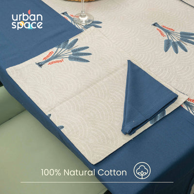 100% Cotton Dining table cover Combo - 1 Table Cloth, 4 reversible Placemats and 4 matching solid-colored Napkins - Palm Lagoon Indigo