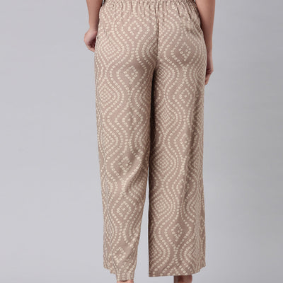 Women Beige Woven Viscose Mid Rise Printed Palazzo