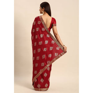 Maroon Floral Foil Printed Vichitra Silk Saree