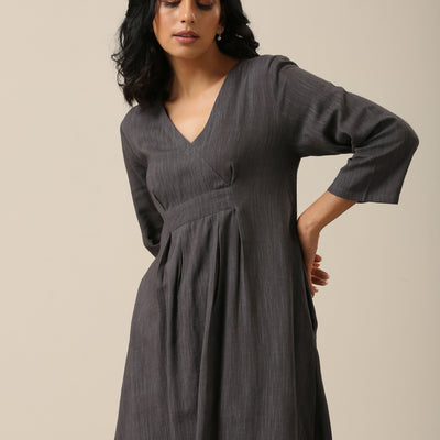 Slate Grey Slub Texture Overlap Pleat Kurta Pant Set | Relove