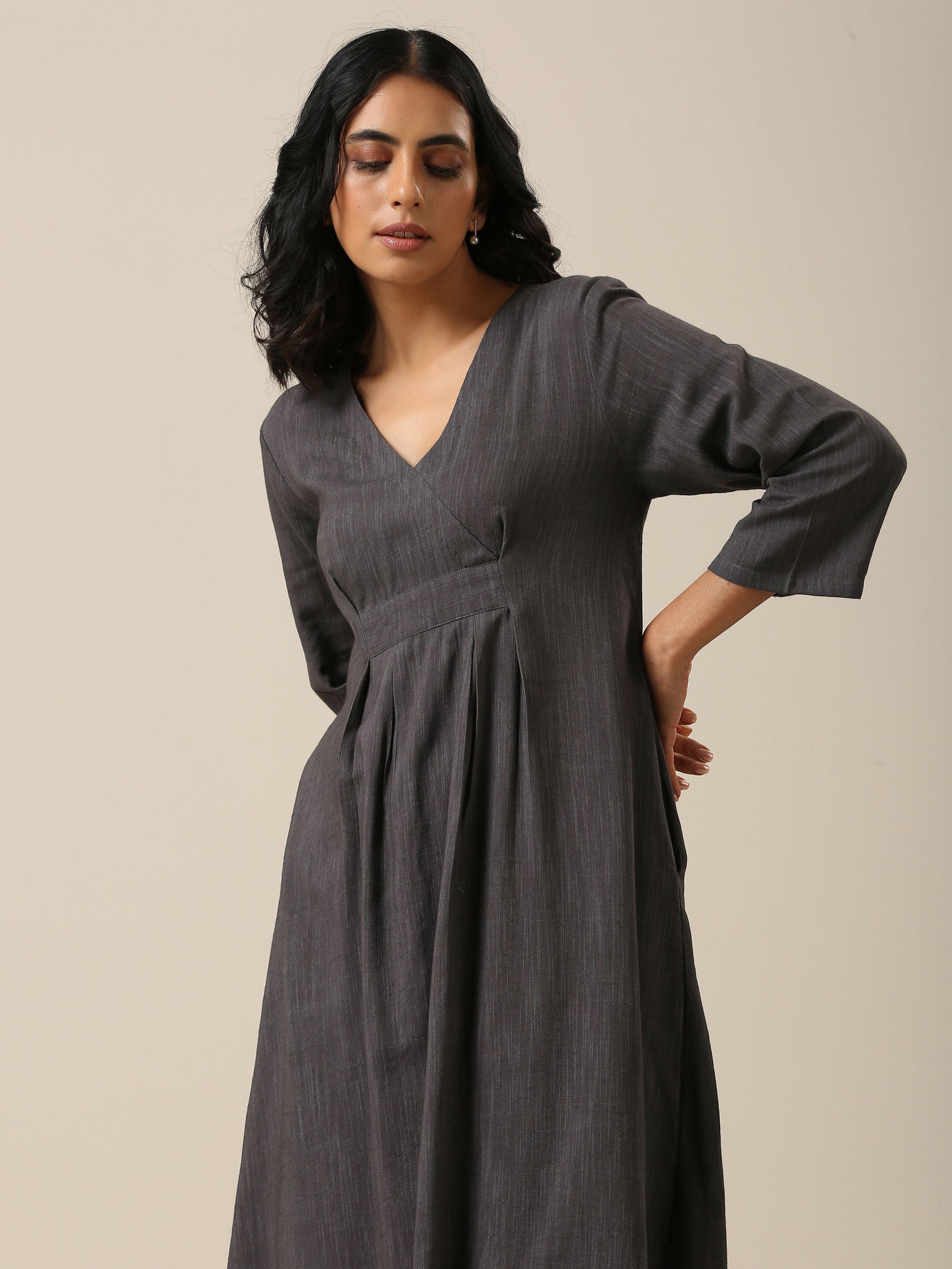 Slate Grey Slub Texture Overlap Pleat Kurta Pant Set | Relove