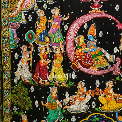 Black Ardha Chandra Krishna Rasa Leela Hand-Painted Pattachitra Saree