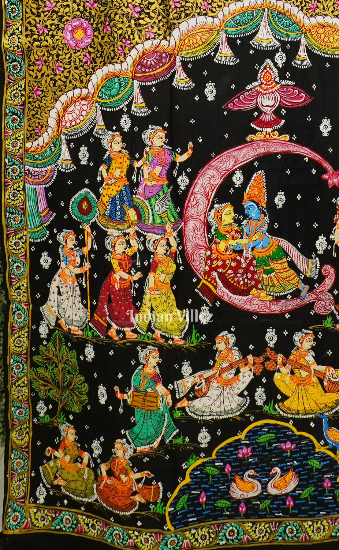 Black Ardha Chandra Krishna Rasa Leela Hand-Painted Pattachitra Saree