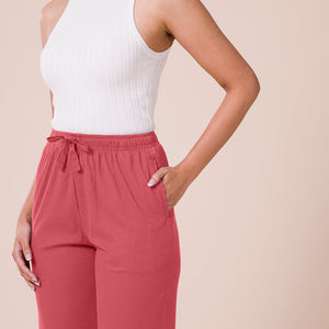 Women Solid Rusty Pink Mid Rise Casual Rib Pants
