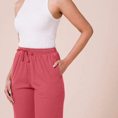Women Solid Rusty Pink Mid Rise Casual Rib Pants