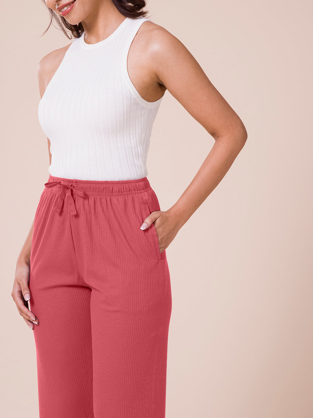 Women Solid Rusty Pink Mid Rise Casual Rib Pants