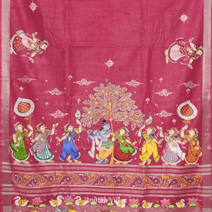 Pink Radha Krishna Raasa Theme Hand-Painted Pattachitra Saree (Pre Order)