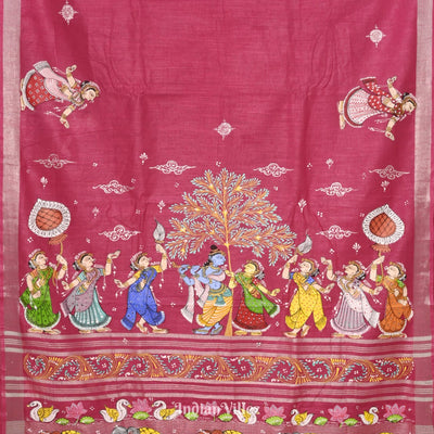 Pink Radha Krishna Raasa Theme Hand-Painted Pattachitra Saree (Pre Order)