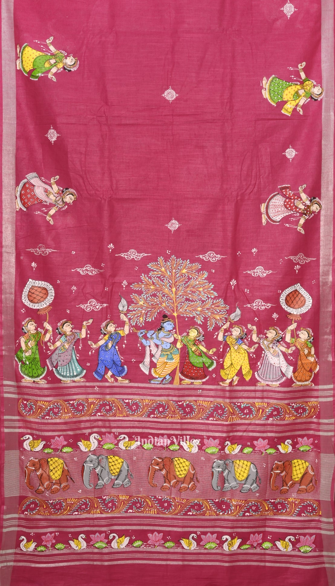 Pink Radha Krishna Raasa Theme Hand-Painted Pattachitra Saree (Pre Order)