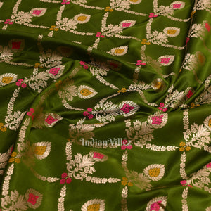 Mehendi Green Meenakari Pure Mashru Satin Silk Banarasi Saree