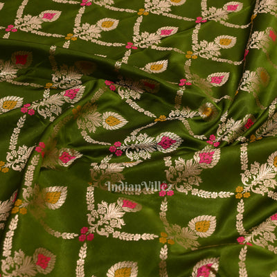 Mehendi Green Meenakari Pure Mashru Satin Silk Banarasi Saree