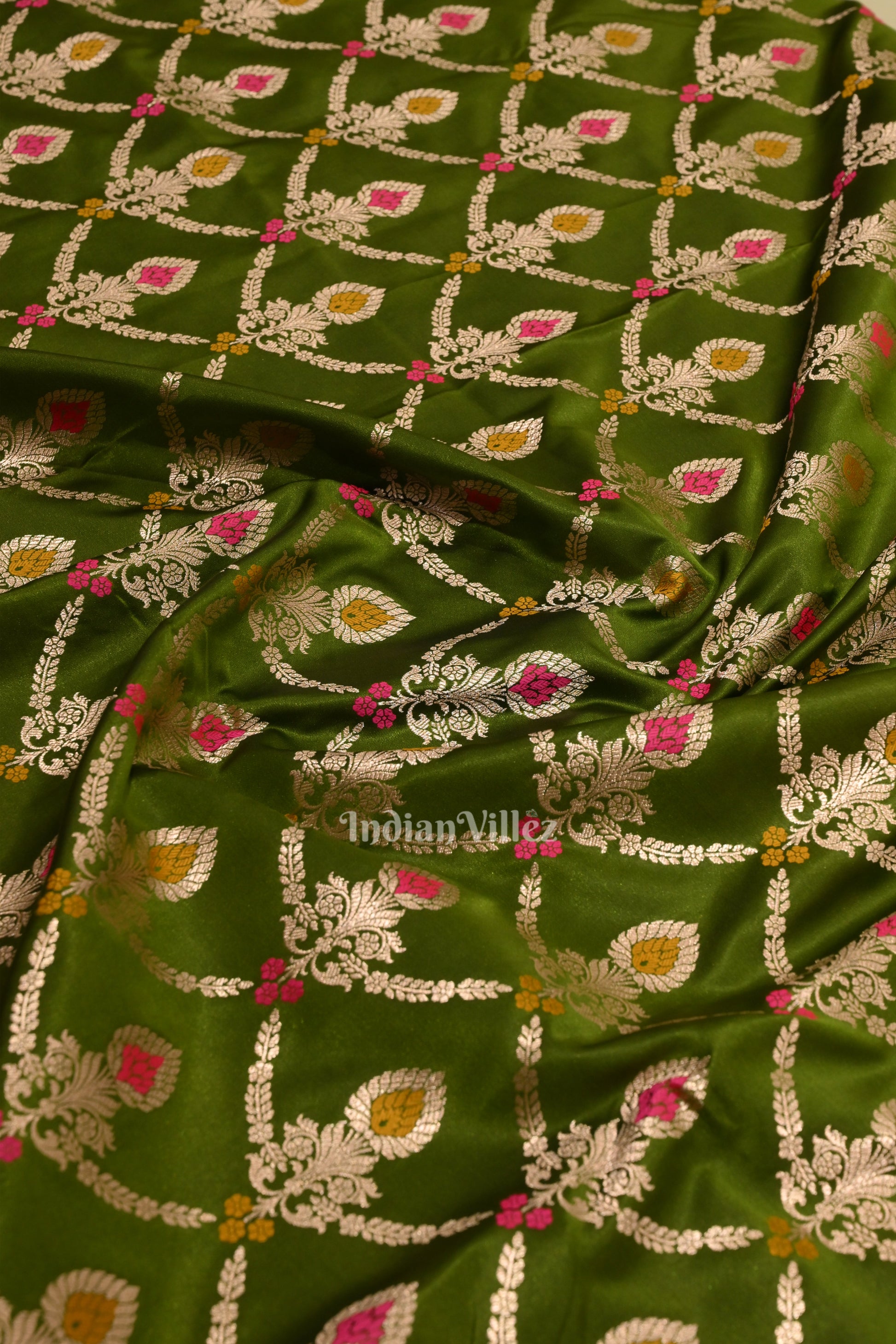 Mehendi Green Meenakari Pure Mashru Satin Silk Banarasi Saree