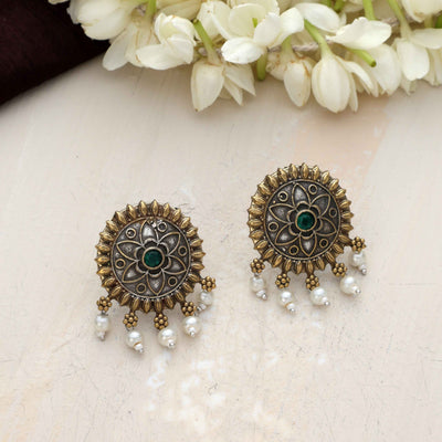 trueBrowns Silver Gold Tone Floral Stud Earrings