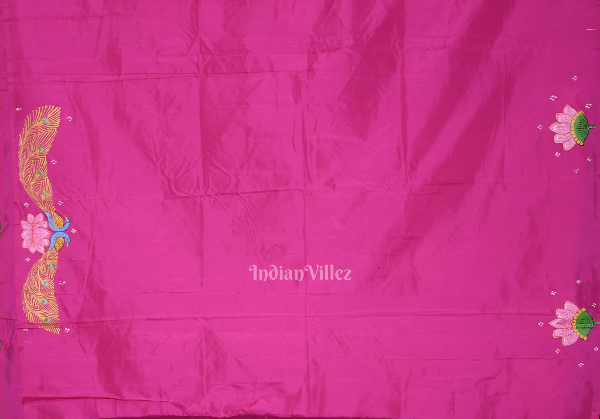 Pink Krishna Boita Theme Hand-Painted Pattachitra Saree