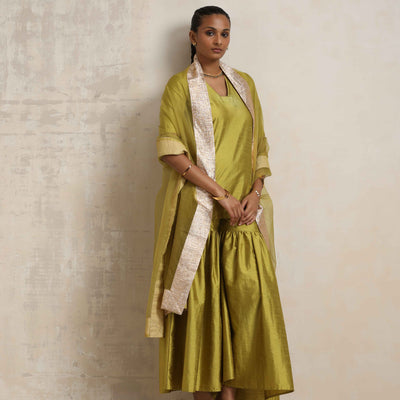 trueBrowns Green Silk Sharara Dupatta Set